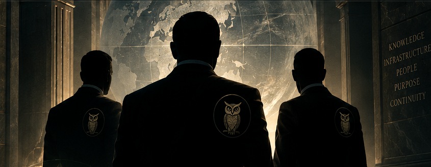 Three suited silhouettes bearing owl insignia before an illuminated world map