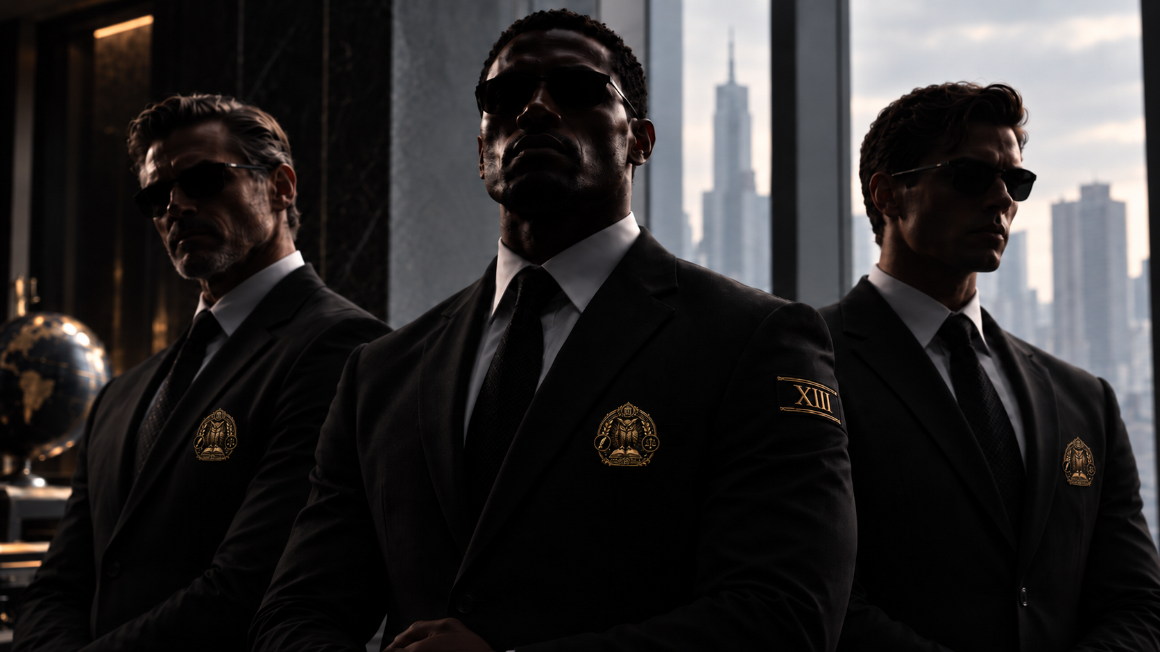 Three sharply dressed Illuminati Corporation representatives with an African American man in the center